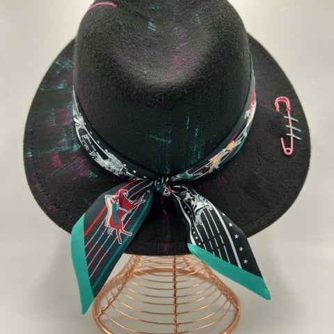 Black fedora with turquoise and fuchsia details