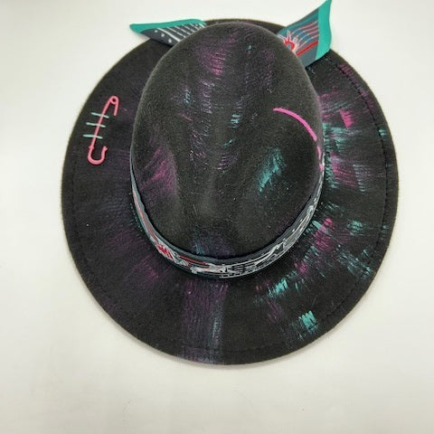 Black fedora with turquoise and fuchsia details