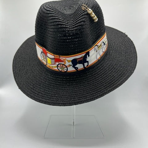 Black straw fedora with pearl pin