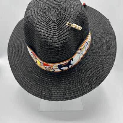 Black straw fedora with pearl pin