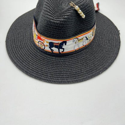 Black straw fedora with pearl pin