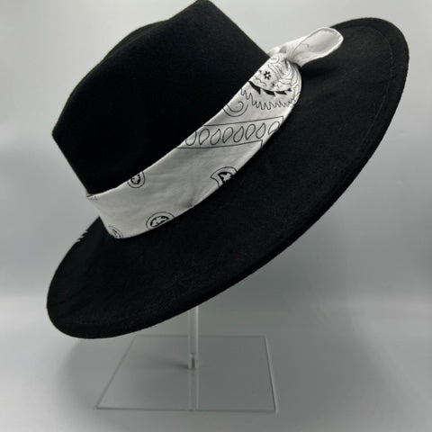 Black wide brim fedora with white bandana