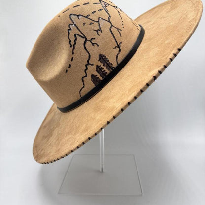 Wide brim brown fedora with carving