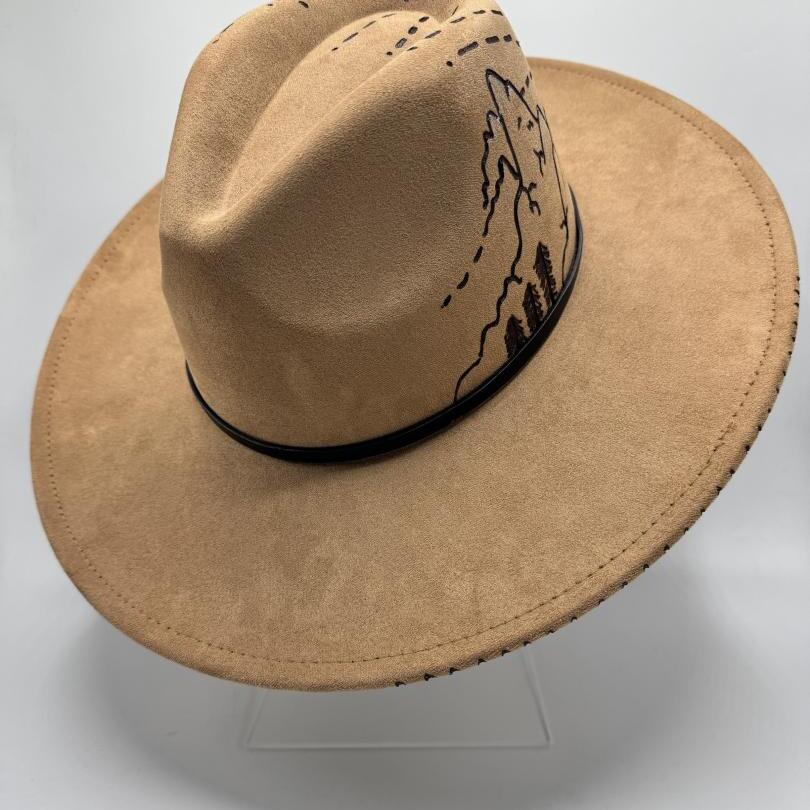 Wide brim brown fedora with carving