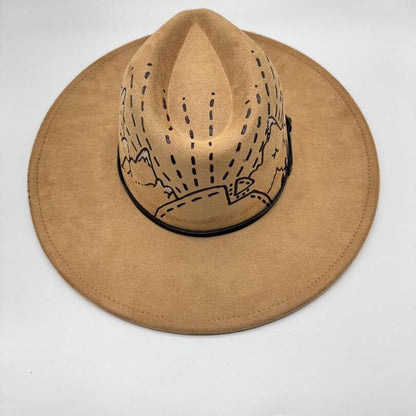 Wide brim brown fedora with carving