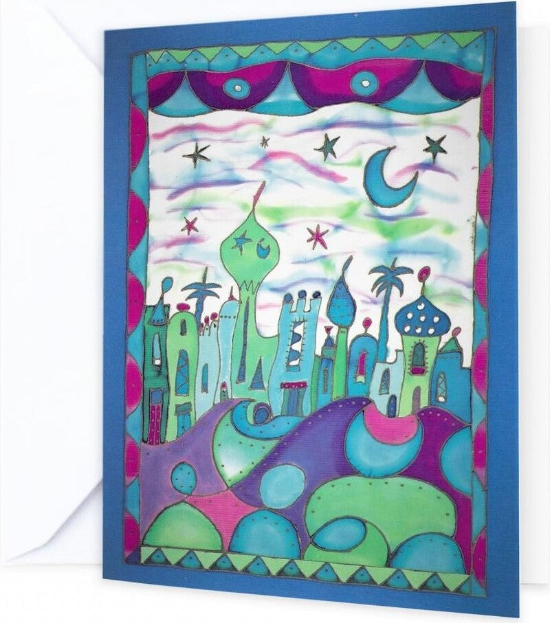 Bright abstract design Eid Mubarak greeting card taken from an original silk painting. Turquoise Twilight reflects sunny Arabia. Size 15.5x11