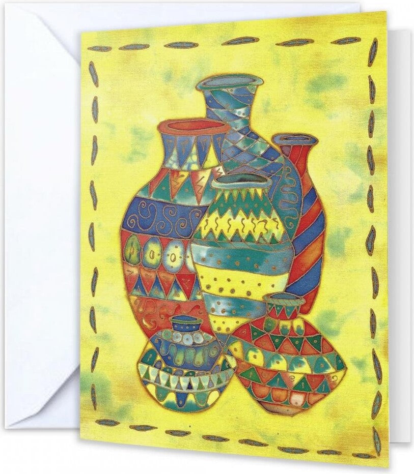 Bright abstract design greeting card taken from an original silk painting. Arabic Pot reflects sunny Arabia. Size 19x14cm, blank inside for your own