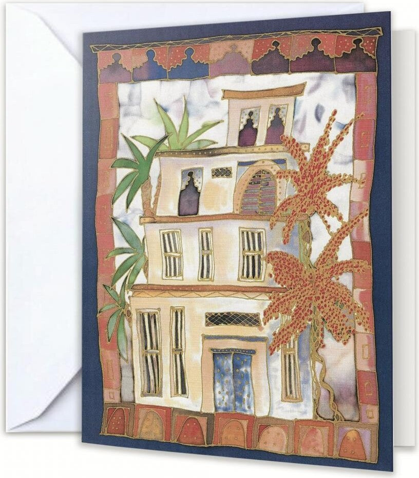 Bright abstract design greeting card taken from an original silk painting. Arabic Villa reflects sunny Arabia. Size 19x14cm, blank inside for your own