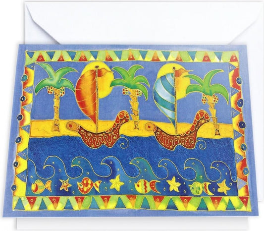 Bright abstract design greeting card taken from an original silk painting. Blue Dhow reflects sunny Arabia. Size 19x14cm, blank inside for your own