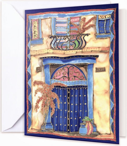 Bright abstract design greeting card taken from an original silk painting. Blue Door reflects sunny Arabia. Size 19x14cm, blank inside for your own