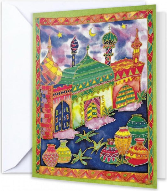 Bright abstract design greeting card taken from an original silk painting. Bright Mosque reflects sunny Arabia. Size 19x14cm, blank inside