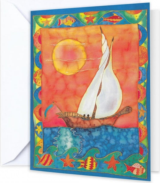 Bright abstract design greeting card taken from an original silk painting. Dhow Sunset reflects sunny Arabia. Size 19x14cm, blank inside for your own