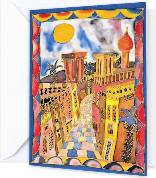 Bright abstract design greeting card taken from an original silk painting. Wind Tower reflects sunny Arabia. Size 19x14cm, blank inside for your own