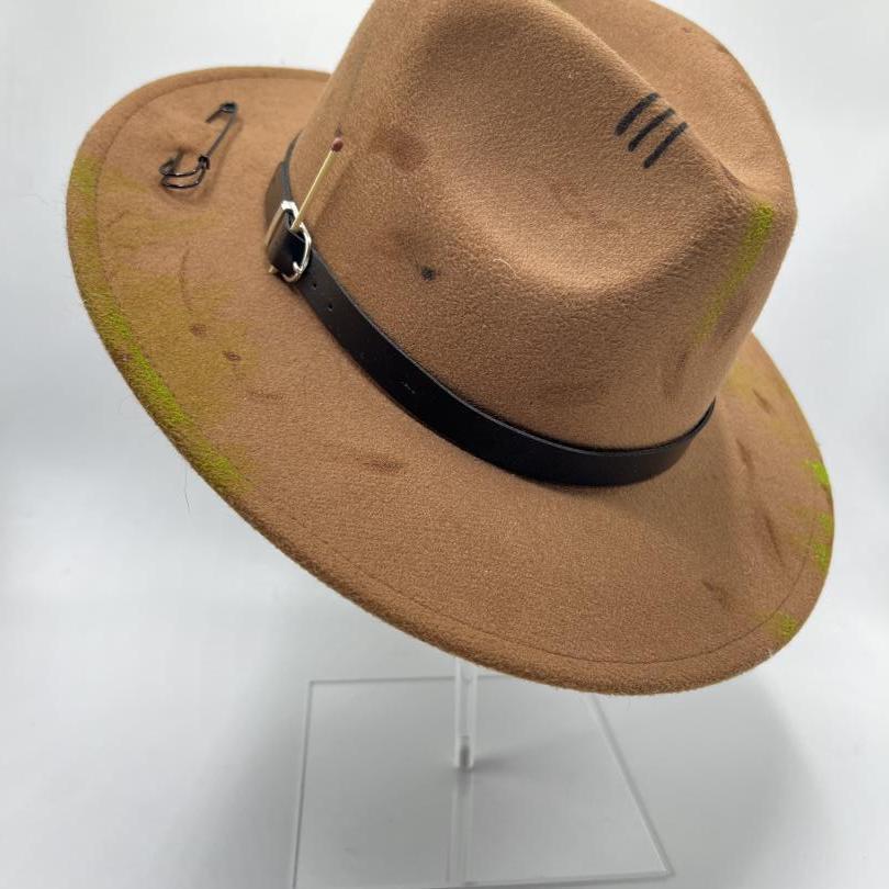 Brown fedora with green shades and black playing cards