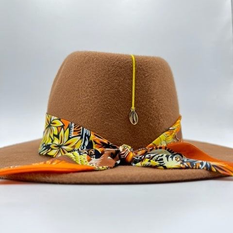 Brown fedora with orange touches