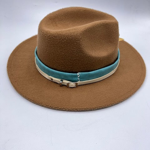 Brown fedora with turquoise and white band