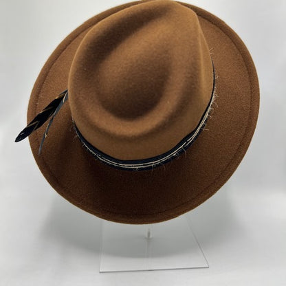 Brown unique fedora with black strap and feather