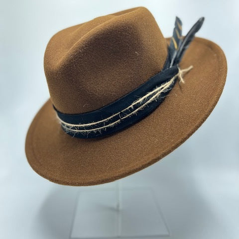 Brown unique fedora with black strap and feather