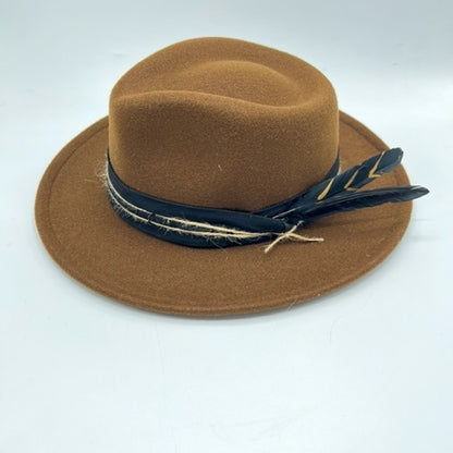 Brown unique fedora with black strap and feather