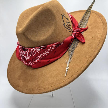 Wide brim velvet fedora with red bandana