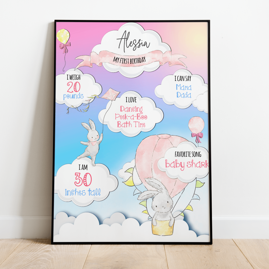 Bunny on a Cloud 1st Birthday Milestone Poster (A3 , White Frame)