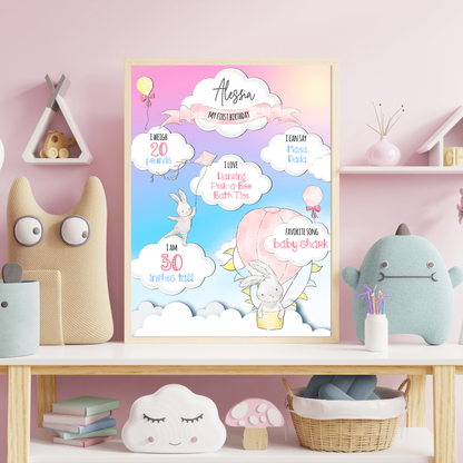 Bunny on a Cloud 1st Birthday Milestone Poster (A3 , White Frame)