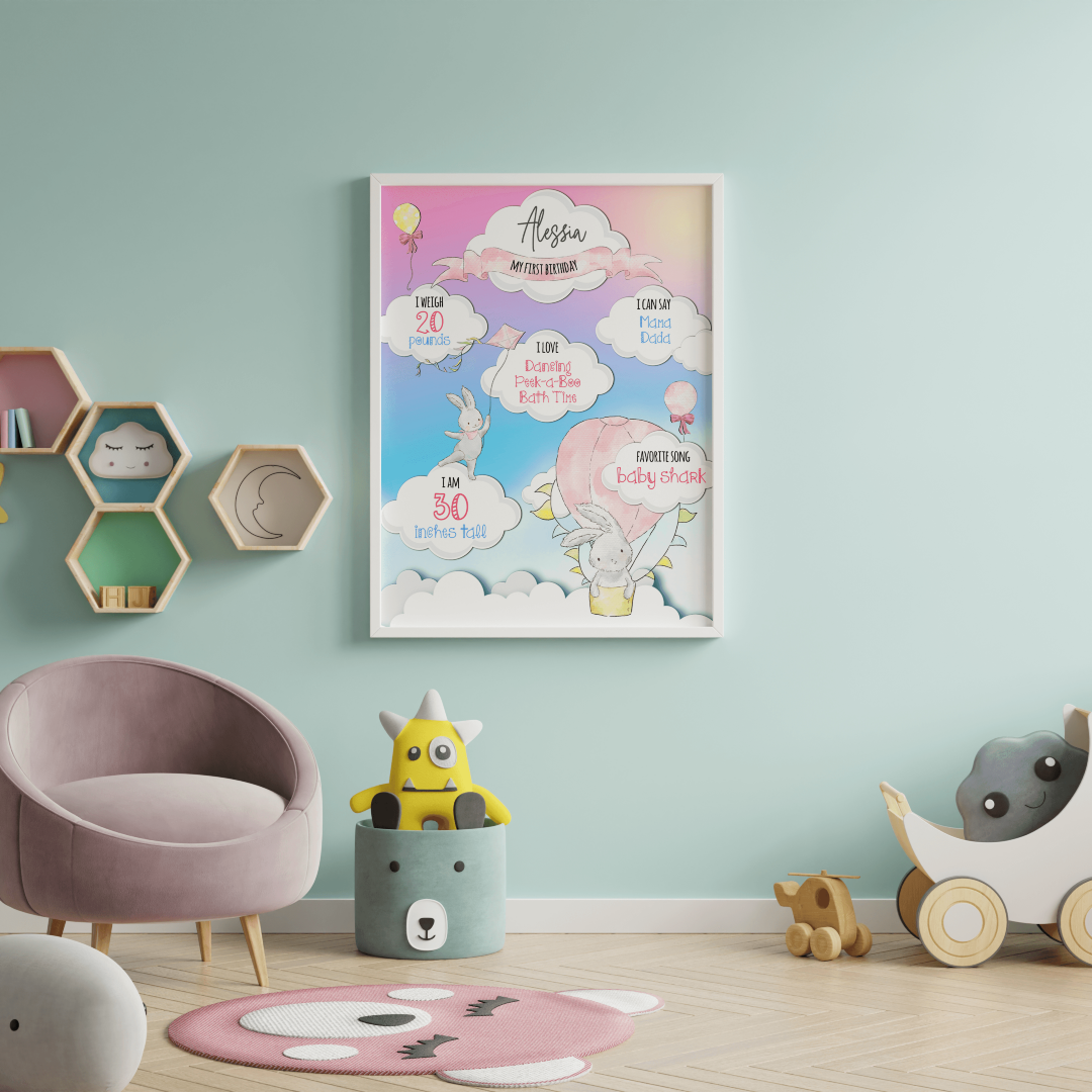 Bunny on a Cloud 1st Birthday Milestone Poster (A3 , White Frame)