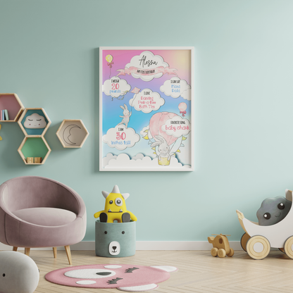 Bunny on a Cloud 1st Birthday Milestone Poster (A3 , Black Frame)