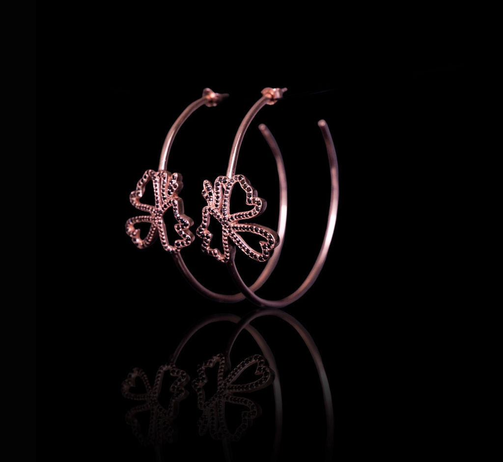 BUTTERFLY HOOPS IN BLACK CUBIC ZIRCONIA ROSE GOLD PLATED STERLING SILVER