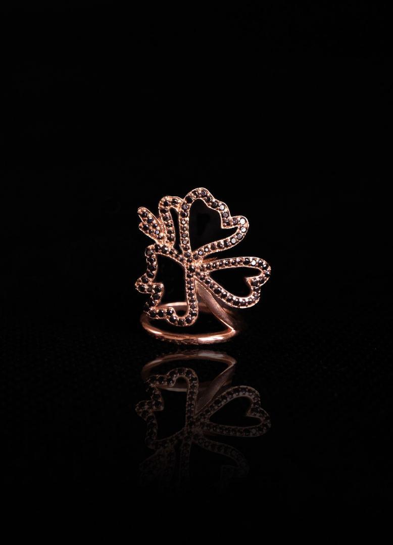 BUTTERFLY RING IN BLACK CUBIC ZIRCONIA ROSE GOLD PLATED STERLING SILVER