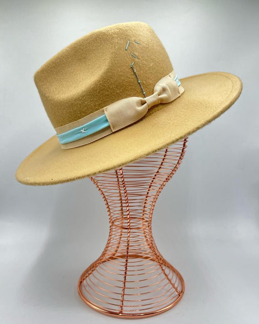 Cappuccino color fedora with baby blue strap