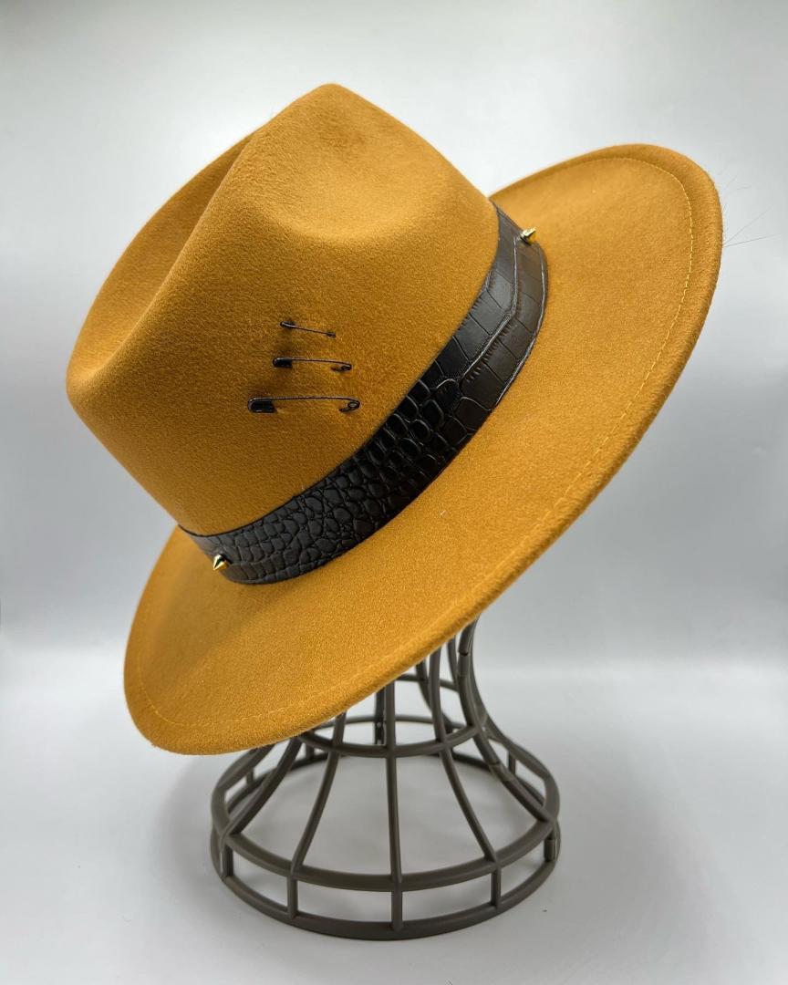 Caramel color fedora with black leather strap