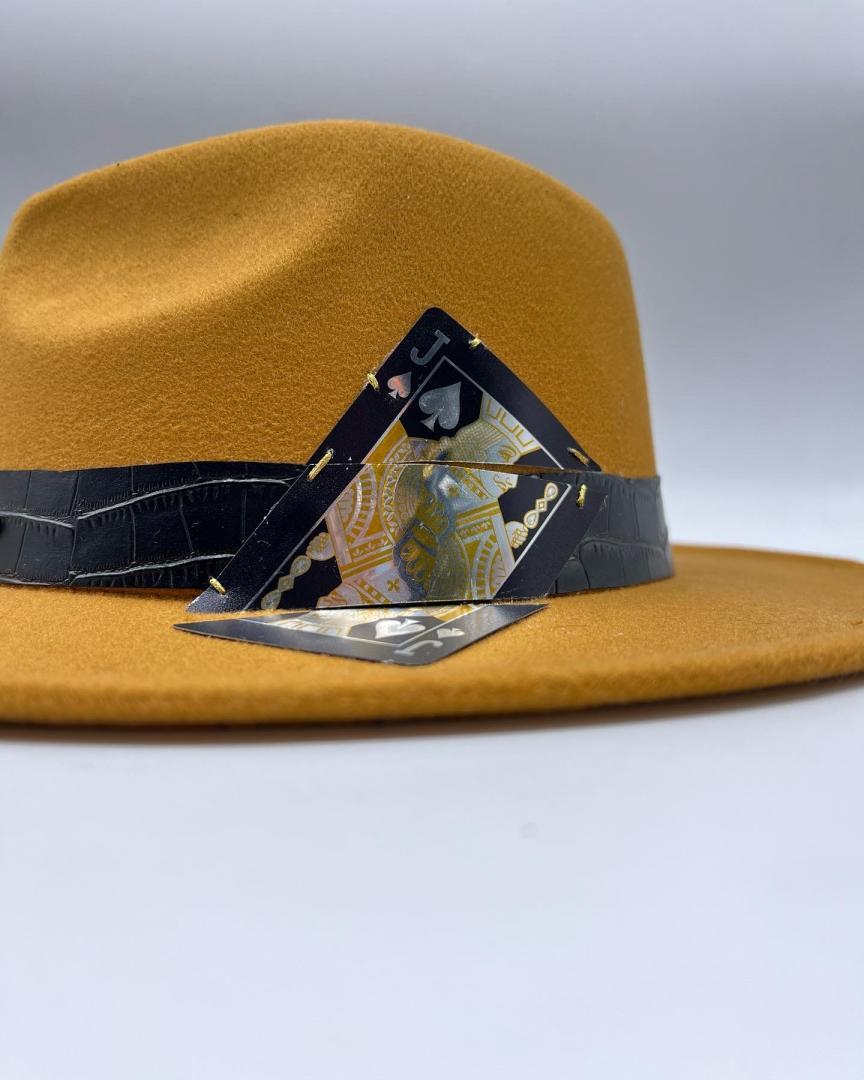 Caramel color fedora with black leather strap