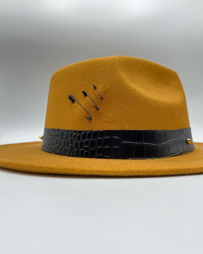 Caramel color fedora with black leather strap