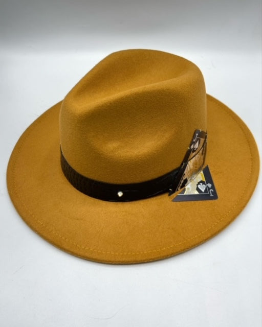 Caramel color fedora with black leather strap