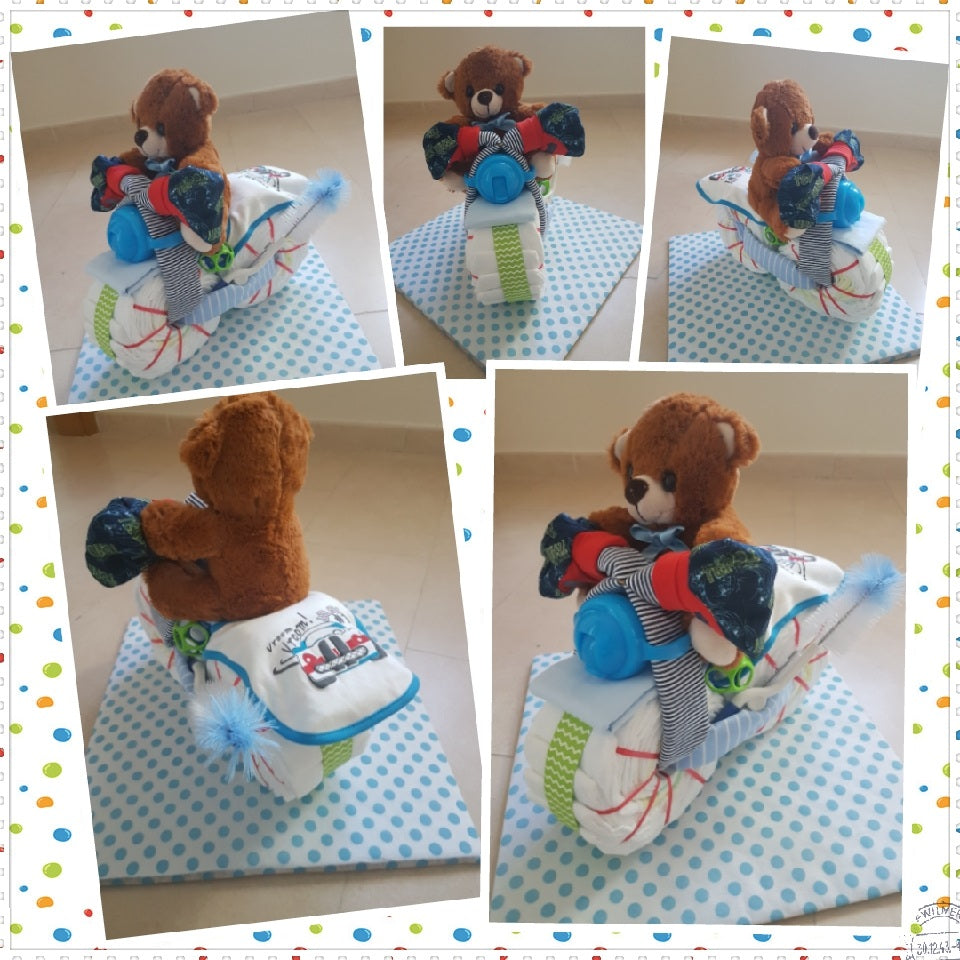 Bespoke Teddy Bear Motorbike Diaper Cake handmade by Bumpp2Babyy / baby gift / baby boy gift / baby shower gift