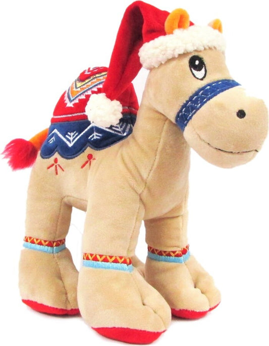 Cuddly beige  camel with bright detailed embroidery and cute Santa hat, size 25cm. Ideal for Christmas gifting, boys, girls, family festivities