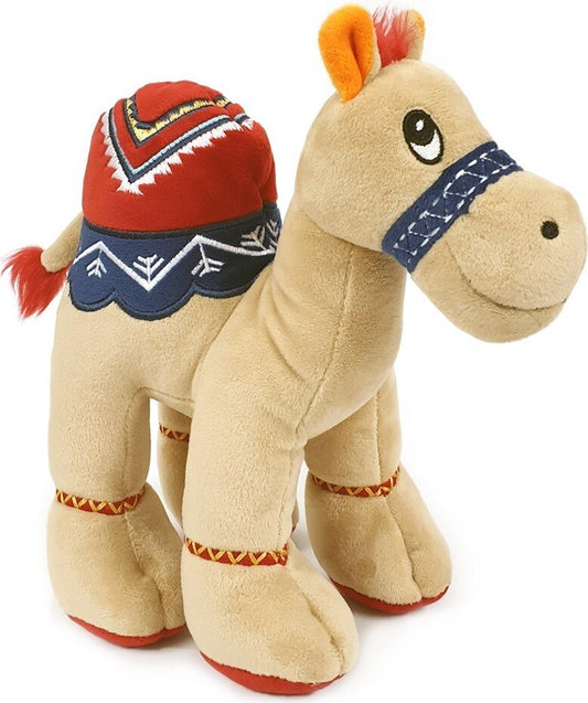 Cuddly beige soft toy camel with bright detailed embroidery, size 18cm.