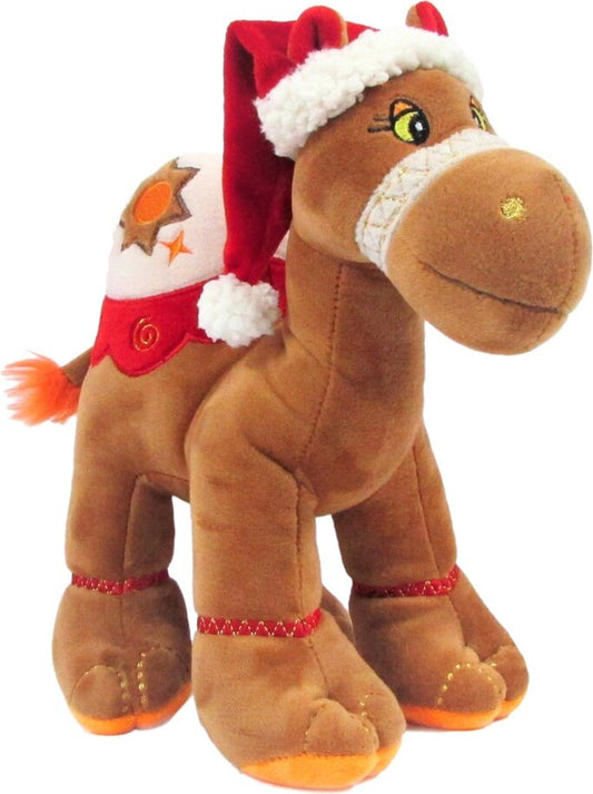 Cuddly brown   camel with bright detailed embroidery and cute Santa hat, size 18cm. Ideal for Christmas gifting, boys, girls, family festivities and c