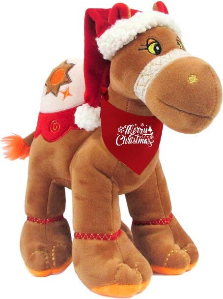 Cuddly Brown Christmas camel with bright detailed embroidery and cute Santa hat with Merry Christmas print on red bandana, size 18cm.