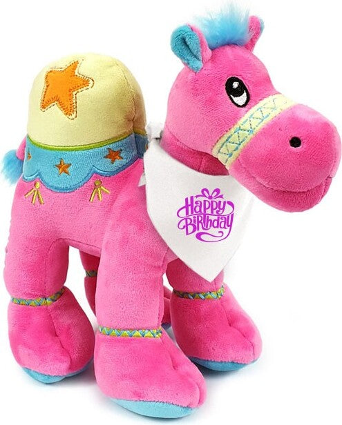 Cuddly  Camel Dark Pink with cream bandana with pink Happy Birthday print size 18cm. Ideal for Birthdays, gifting, boys, girls parties. Soft and hugga