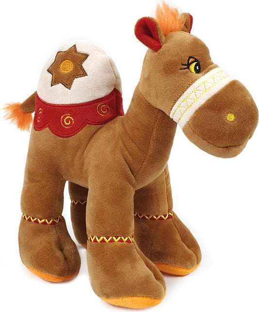 Cuddly soft toy brown camel with bright detailed embroidery, size 18cm.