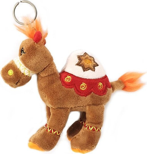 Cuddly soft toy brown camel with bright detailed embroidery with key ring, size 12cm.