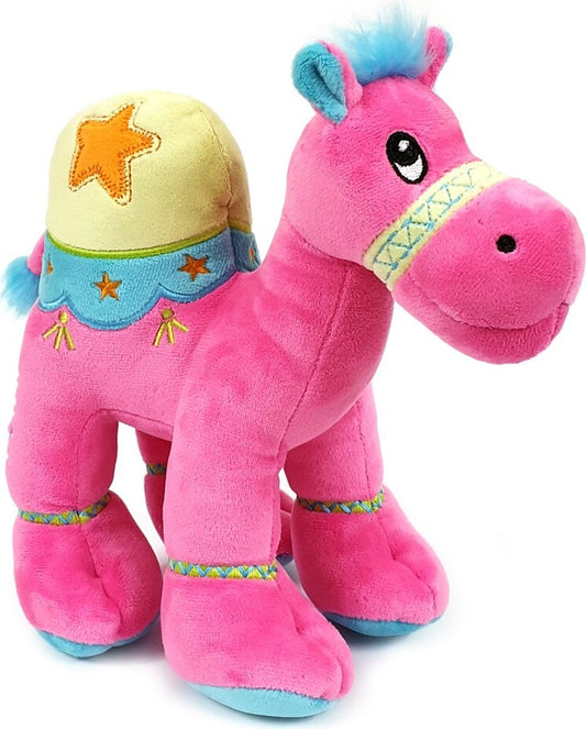 Cuddly soft toy dark pink camel with bright detailed embroidery, size 18cm.