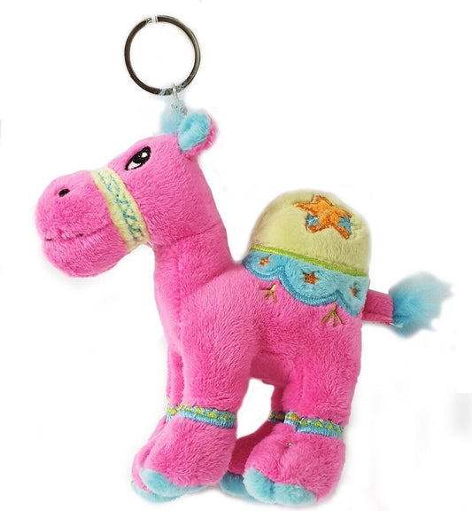 Cuddly soft toy dark pink camel with bright detailed embroidery with key ring, size 12cm.