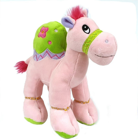 Cuddly soft toy pink camel with bright detailed embroidery, size 18cm.