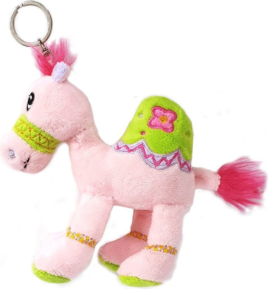 Cuddly soft toy pink camel with bright detailed embroidery with key ring, size 12cm.