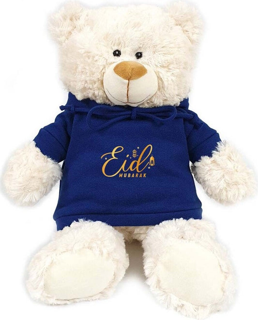 Cuddly  Teddy Cream  with Eid Mubarak on Blue  Hoodie size 38cm. Ideal for gifting, boys, girls parties. Soft and huggable.