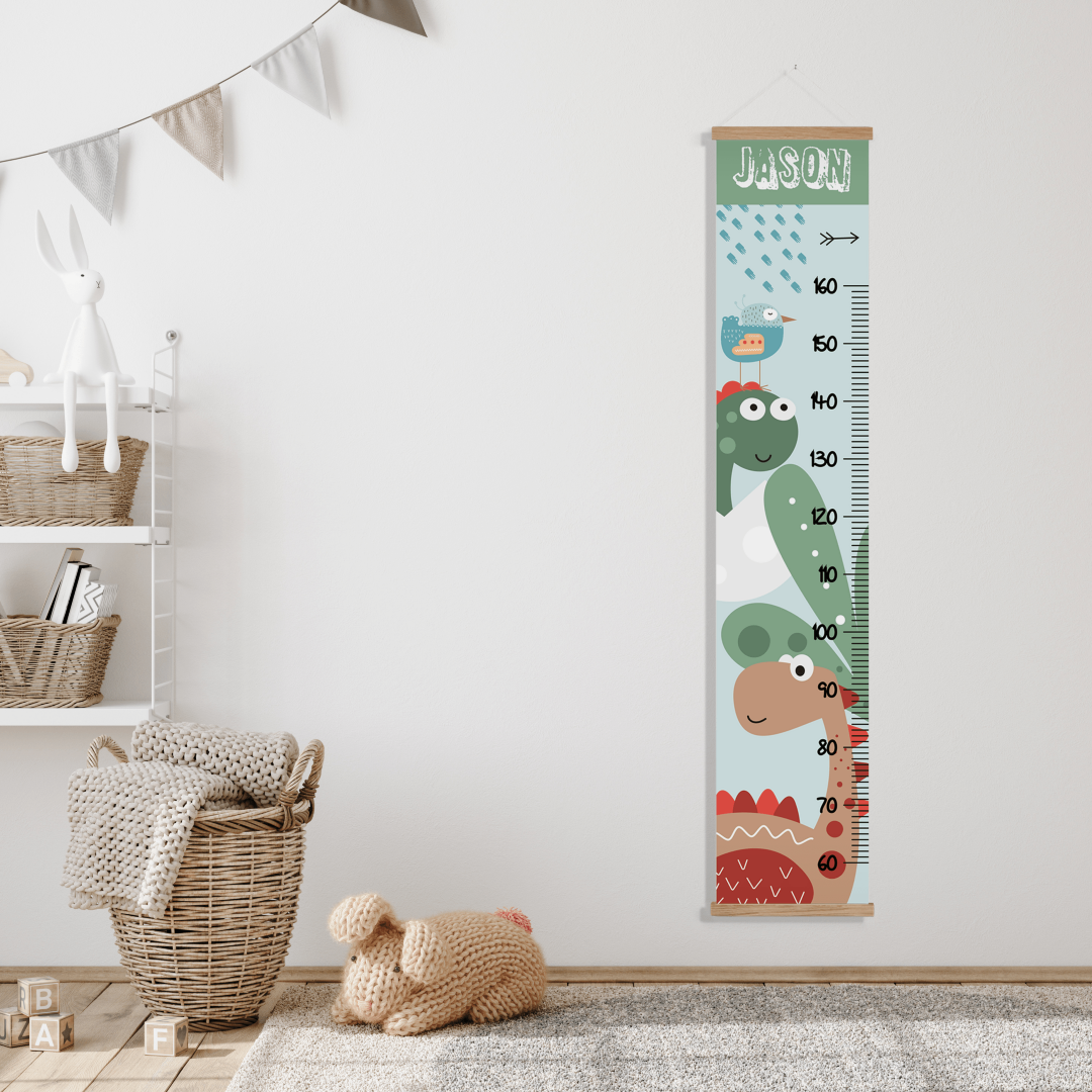 Curious Dinosaur Wall Height Chart Print on Canvas with Poster Hanger