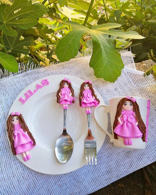 Decorated set(mug, plate, spoon and a fork)